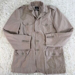 Marc Ecko Women Tan Linen Blend Paisley Embroidered Safari Utility Jacket Large